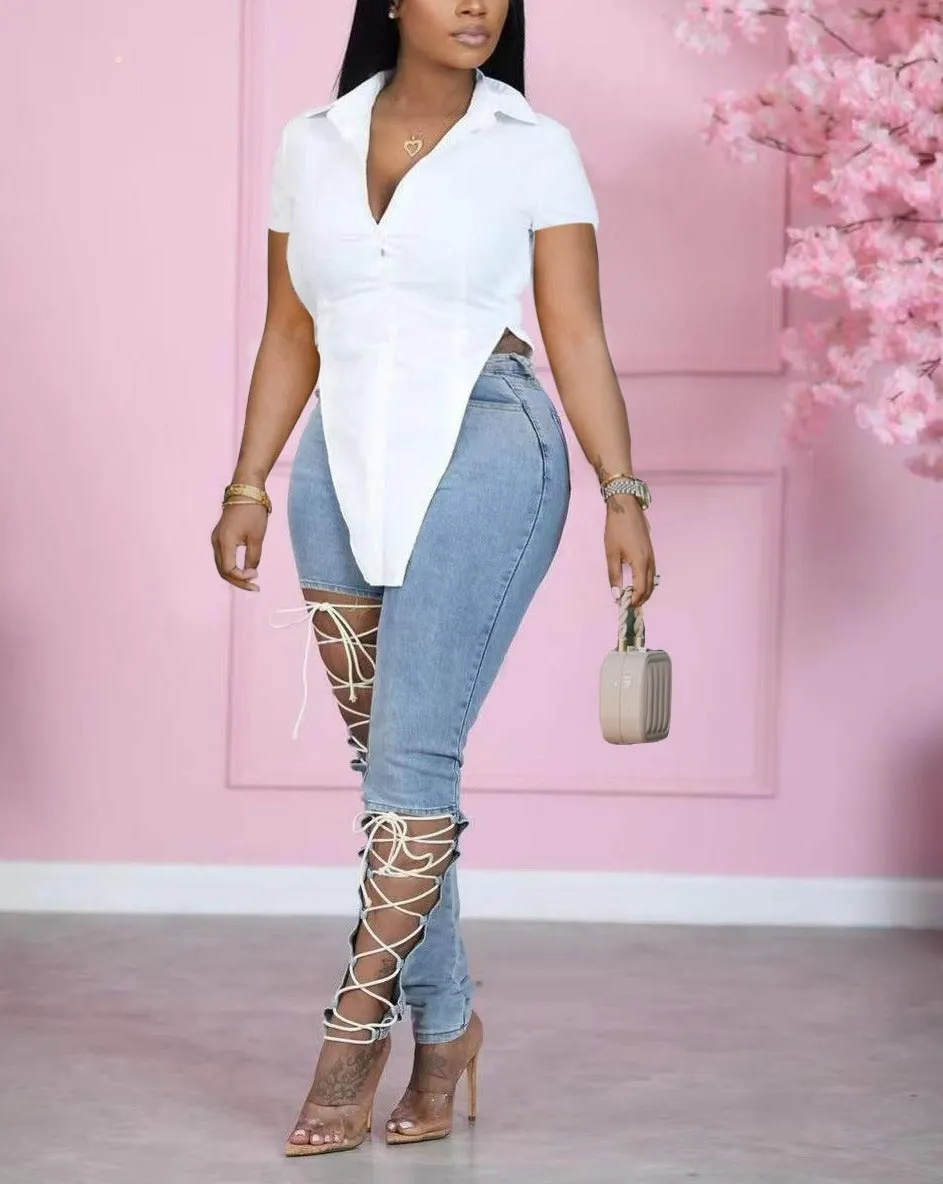 V-hem Short Sleeve Single Breasted Top