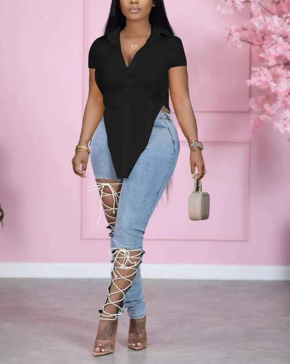 V-hem Short Sleeve Single Breasted Top