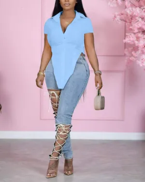 V-hem Short Sleeve Single Breasted Top
