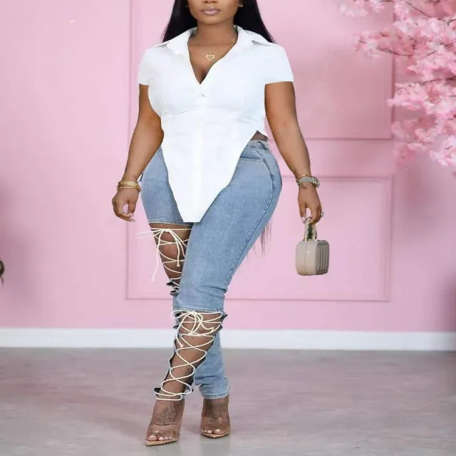 V-hem Short Sleeve Single Breasted Top