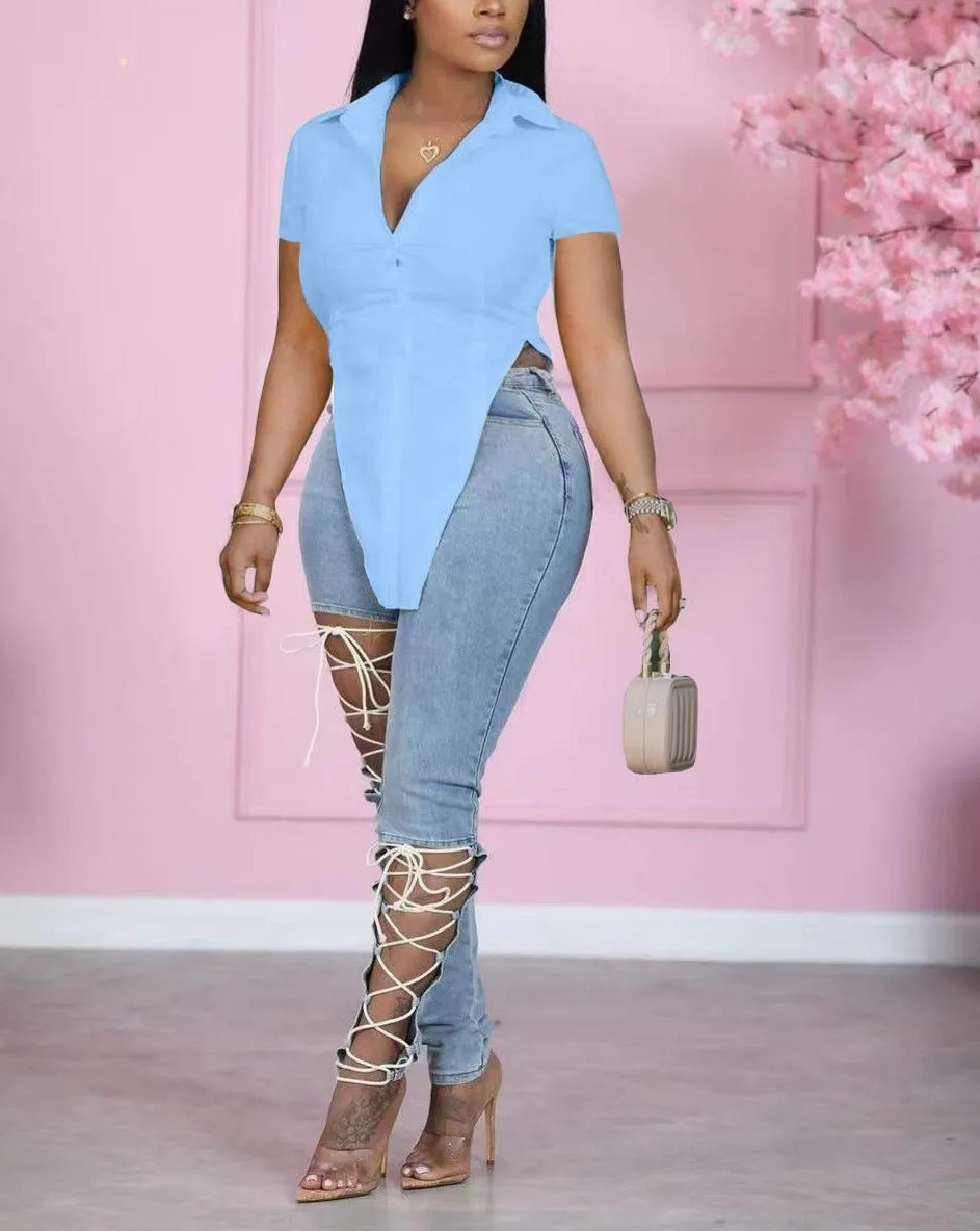 V-hem Short Sleeve Single Breasted Top