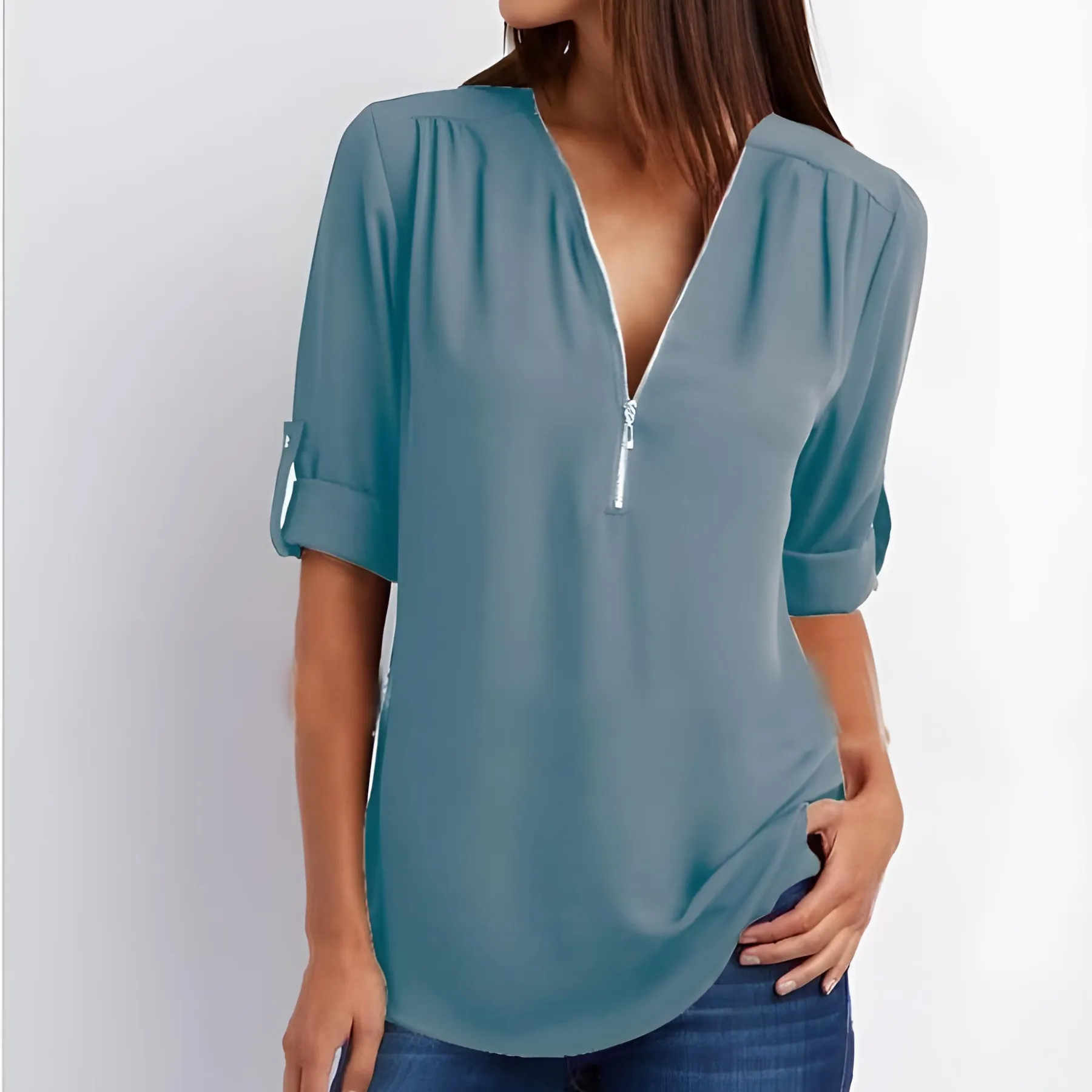 V-Neck Zest™ | Women's Stylish Zipper Blouse | Lightweight Fabric, Modern Design & Comfortable Fit