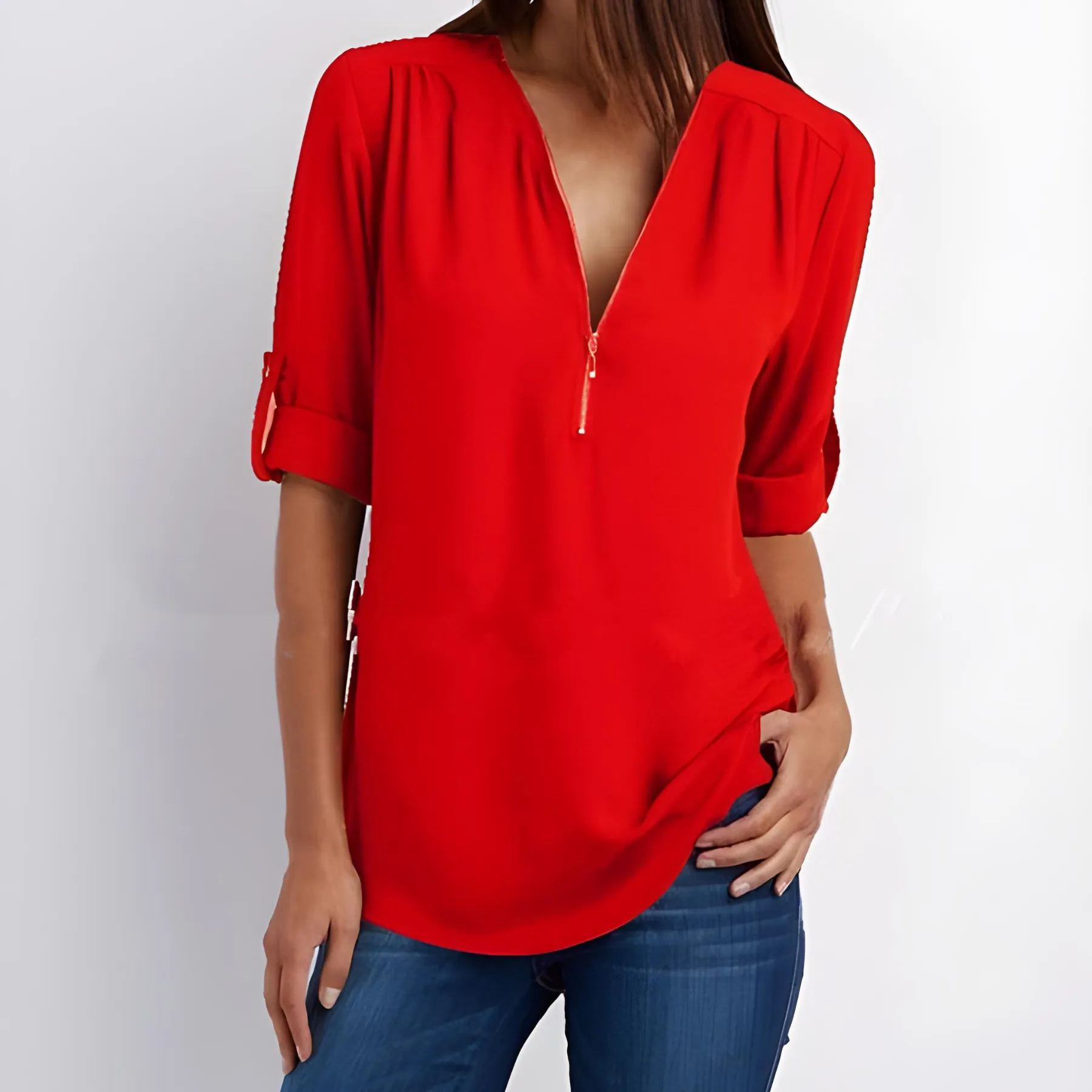 V-Neck Zest™ | Women's Stylish Zipper Blouse | Lightweight Fabric, Modern Design & Comfortable Fit