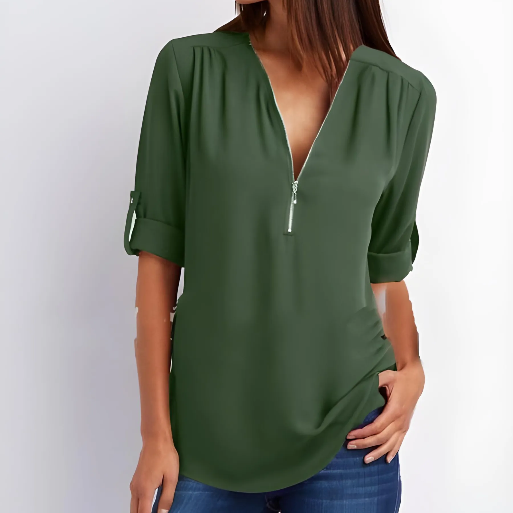 V-Neck Zest™ | Women's Stylish Zipper Blouse | Lightweight Fabric, Modern Design & Comfortable Fit