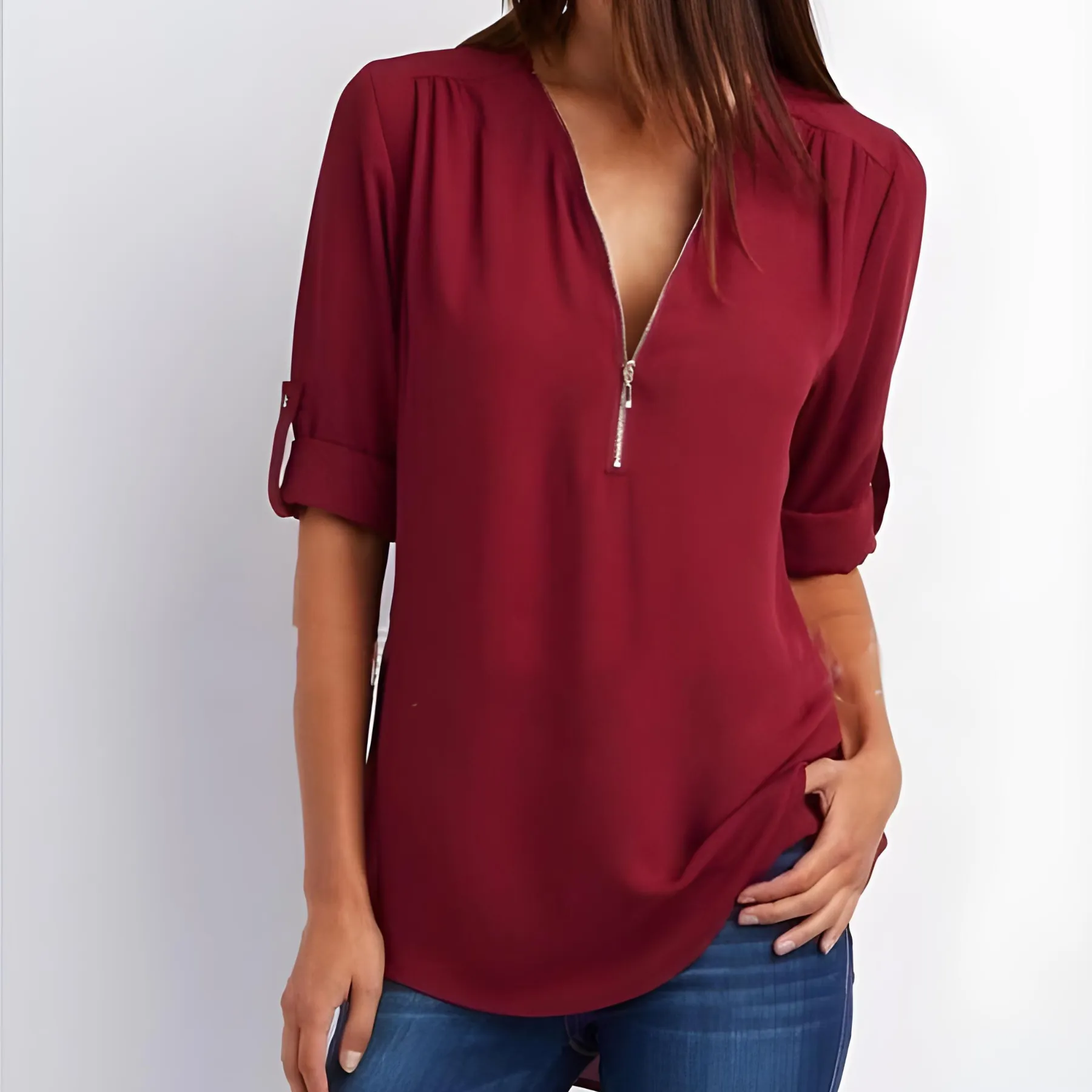 V-Neck Zest™ | Women's Stylish Zipper Blouse | Lightweight Fabric, Modern Design & Comfortable Fit