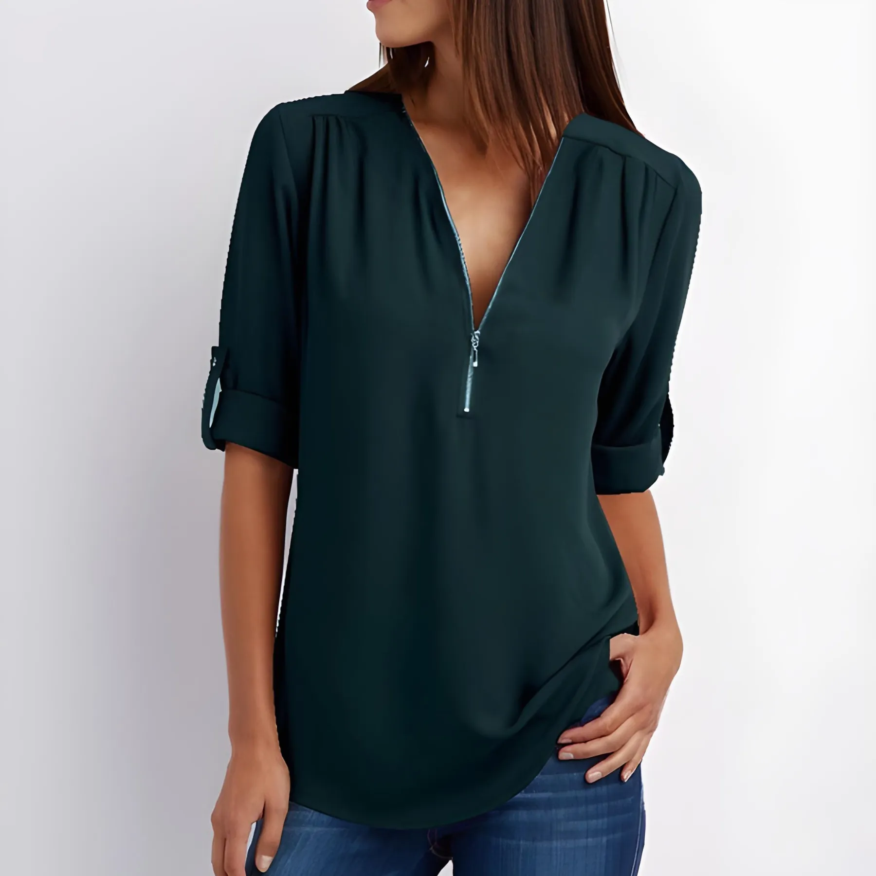 V-Neck Zest™ | Women's Stylish Zipper Blouse | Lightweight Fabric, Modern Design & Comfortable Fit