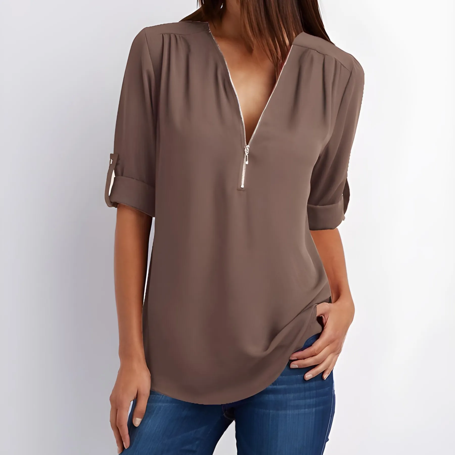 V-Neck Zest™ | Women's Stylish Zipper Blouse | Lightweight Fabric, Modern Design & Comfortable Fit