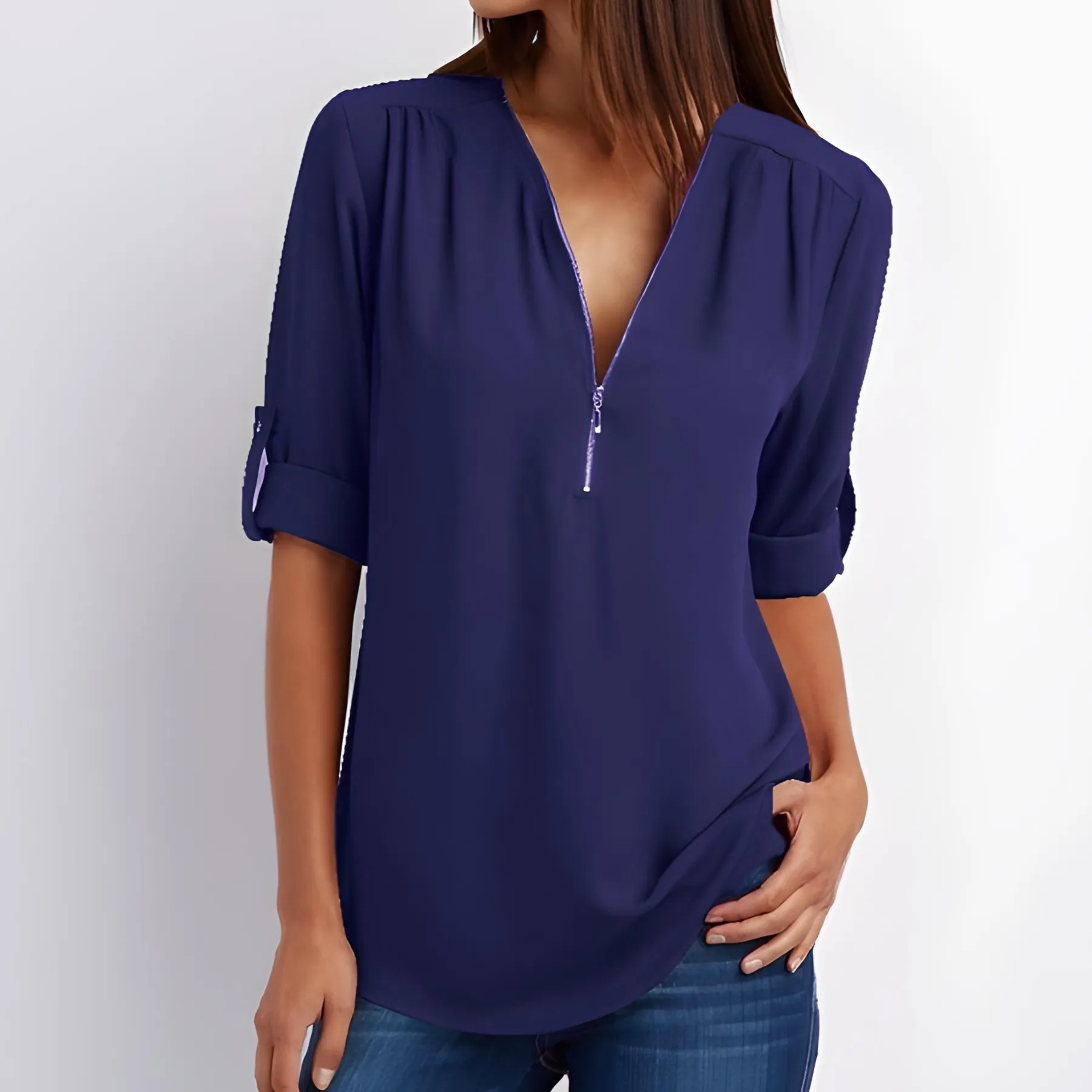 V-Neck Zest™ | Women's Stylish Zipper Blouse | Lightweight Fabric, Modern Design & Comfortable Fit