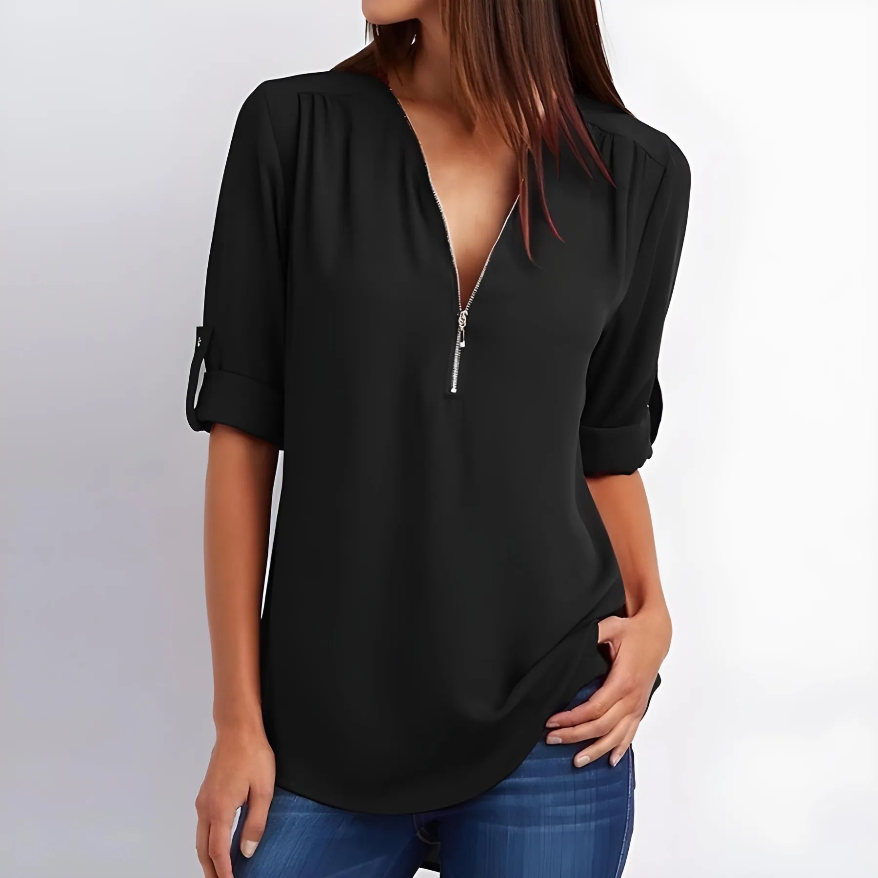 V-Neck Zest™ | Women's Stylish Zipper Blouse | Lightweight Fabric, Modern Design & Comfortable Fit