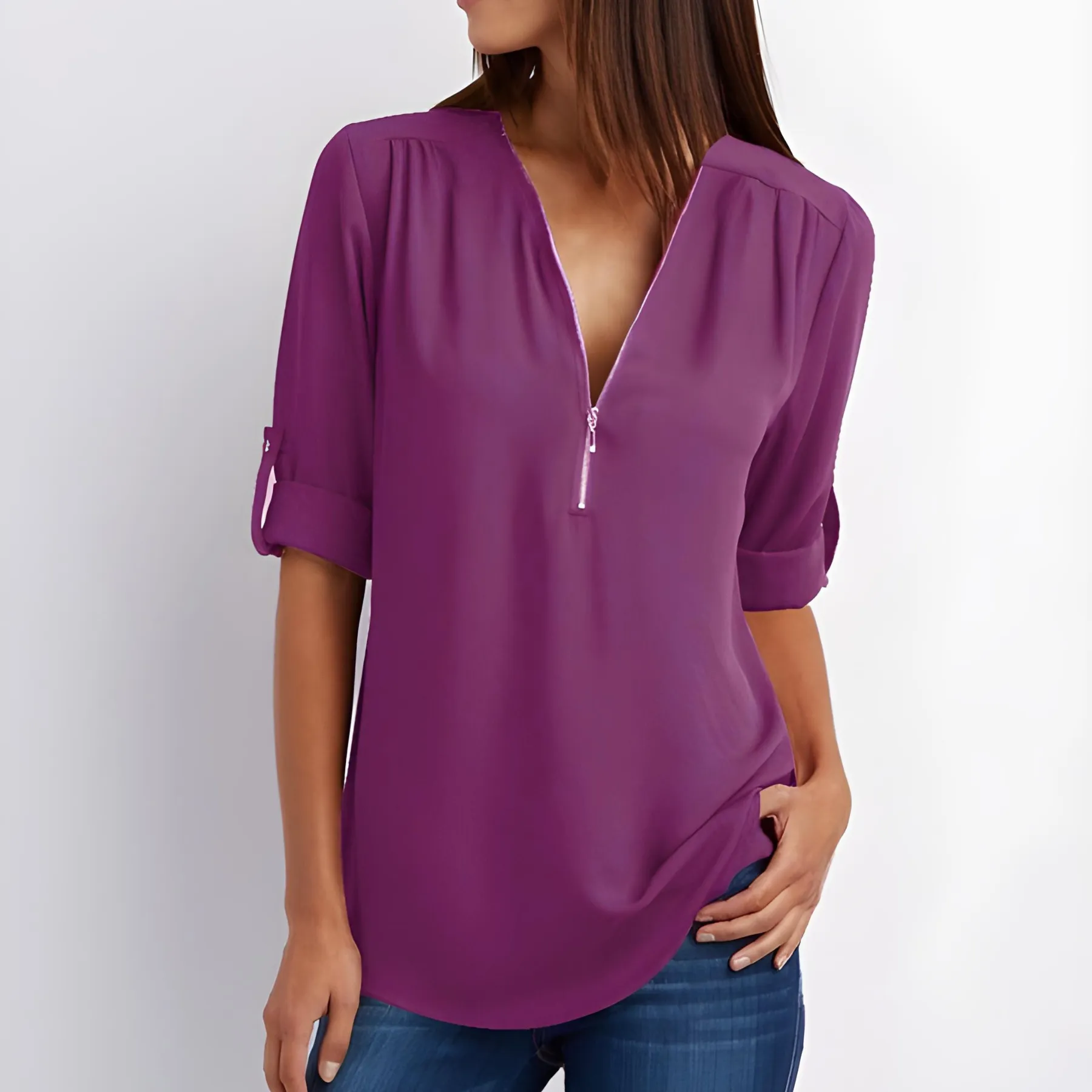 V-Neck Zest™ | Women's Stylish Zipper Blouse | Lightweight Fabric, Modern Design & Comfortable Fit