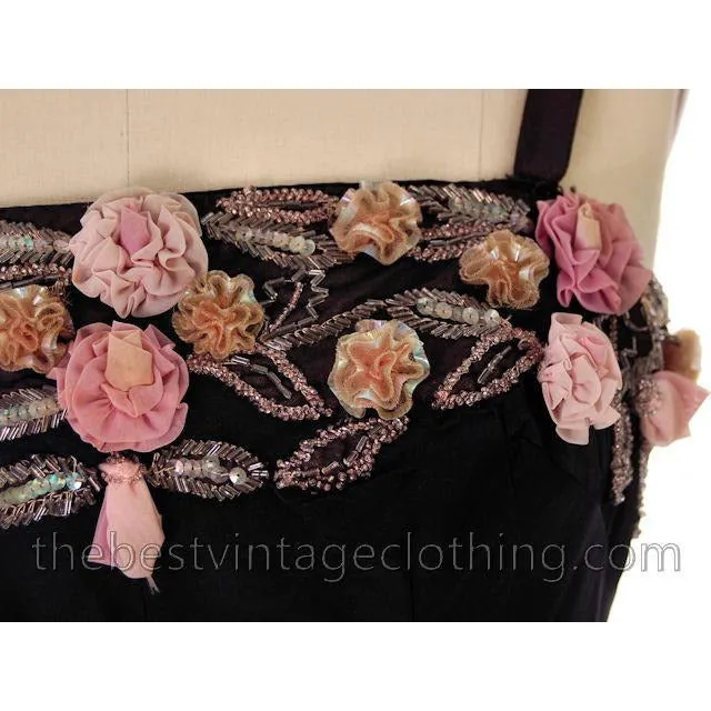 Vintage 1950s Black Evening Dress Gorgeous Flower Embellishments 36-31-44