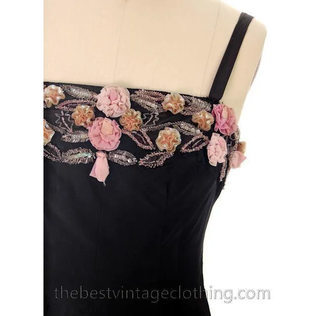 Vintage 1950s Black Evening Dress Gorgeous Flower Embellishments 36-31-44
