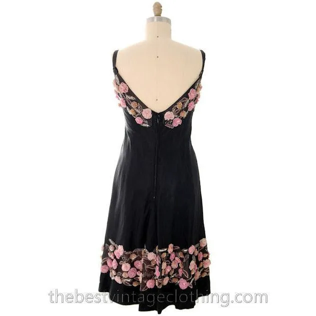 Vintage 1950s Black Evening Dress Gorgeous Flower Embellishments 36-31-44