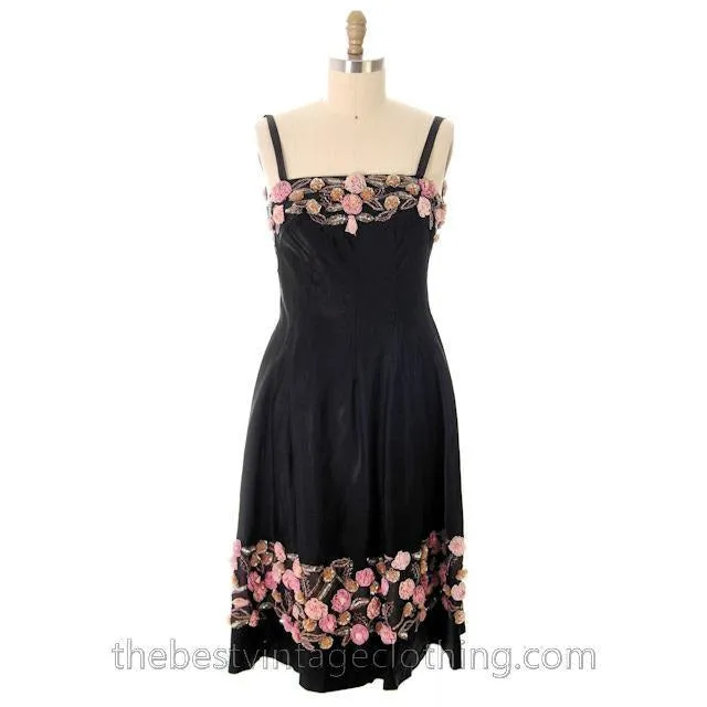 Vintage 1950s Black Evening Dress Gorgeous Flower Embellishments 36-31-44