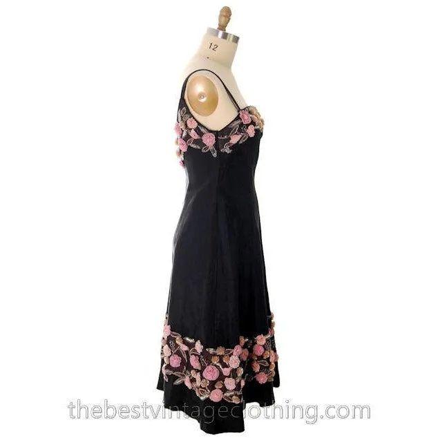 Vintage 1950s Black Evening Dress Gorgeous Flower Embellishments 36-31-44