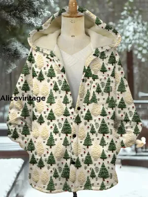 Vintage Christmas Art Print Plush Thick Long Sleeve Hooded Coat
