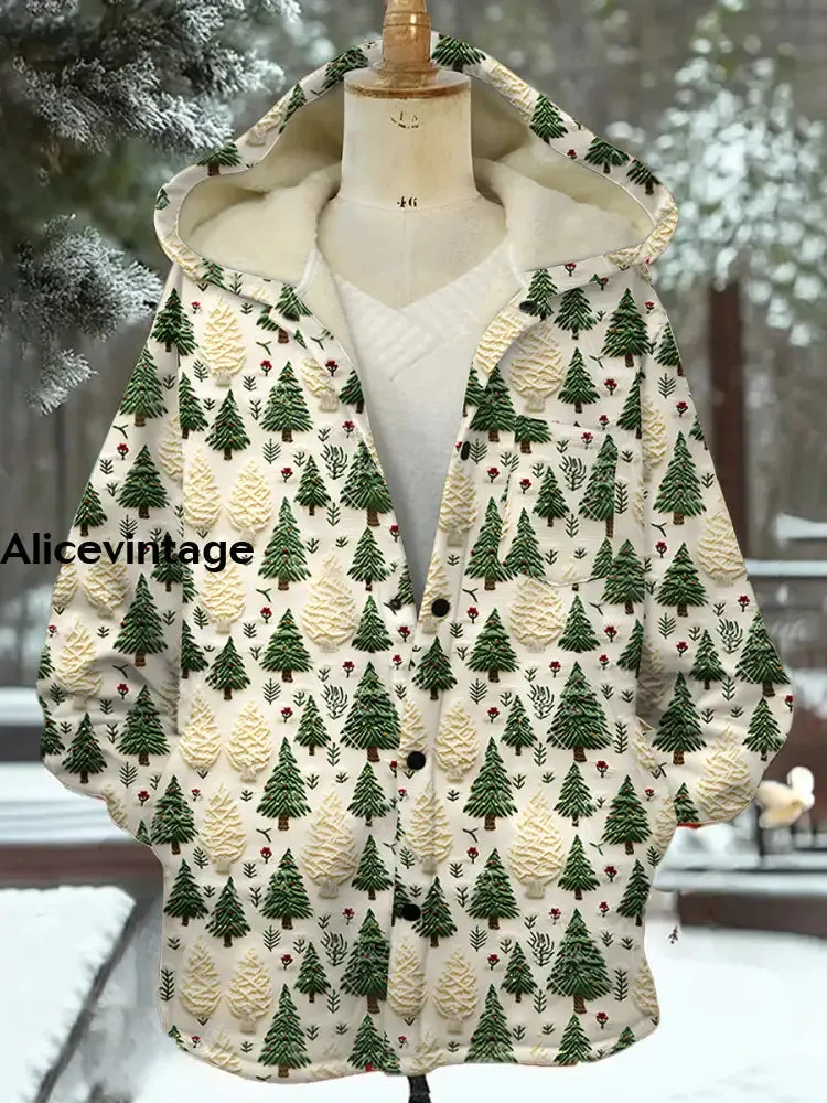Vintage Christmas Art Print Plush Thick Long Sleeve Hooded Coat