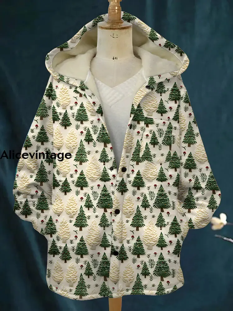 Vintage Christmas Art Print Plush Thick Long Sleeve Hooded Coat
