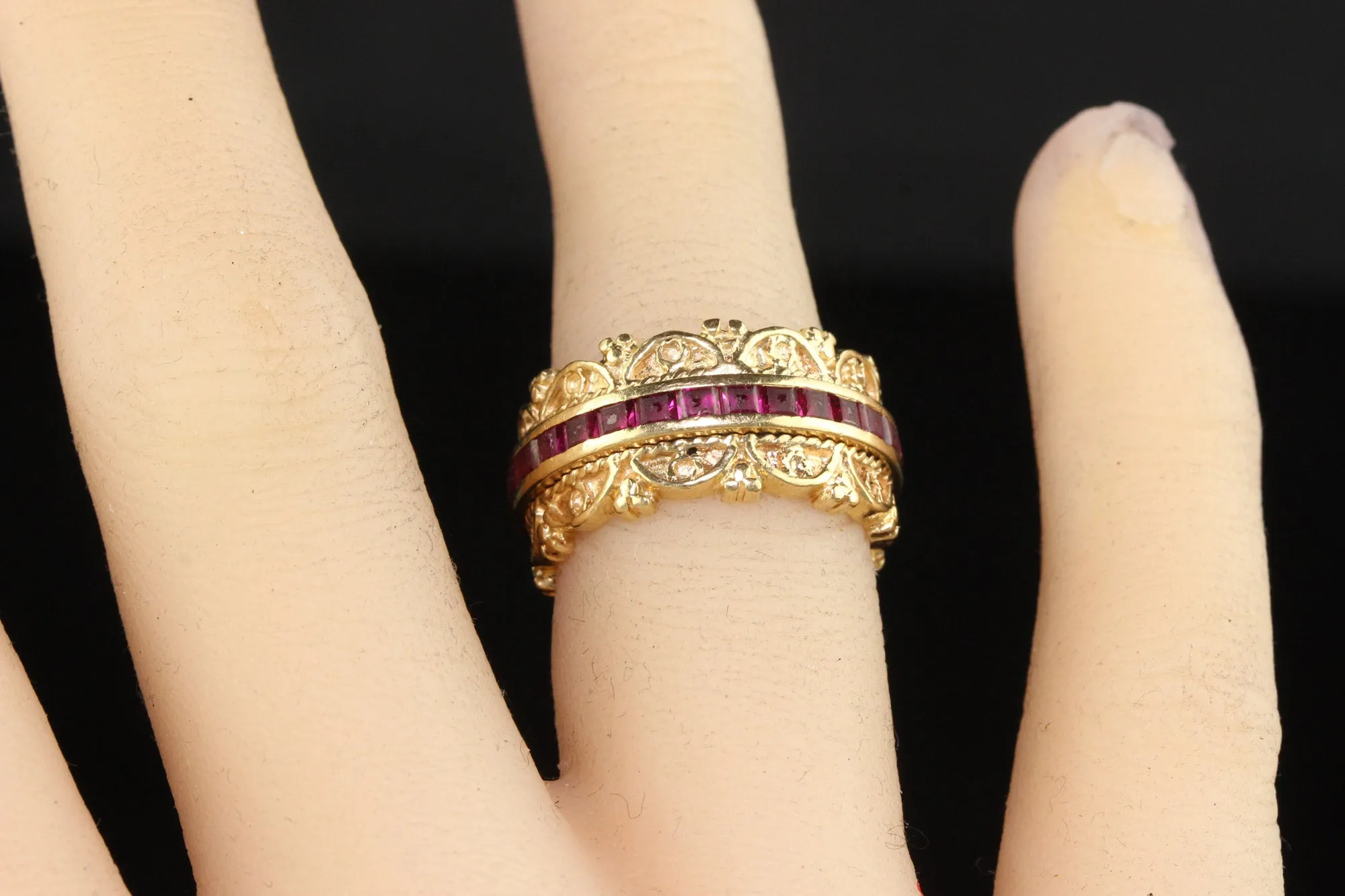Vintage Estate 14K Yellow Gold Square Cut Ruby Wide Eternity Band - Size 6 1/4