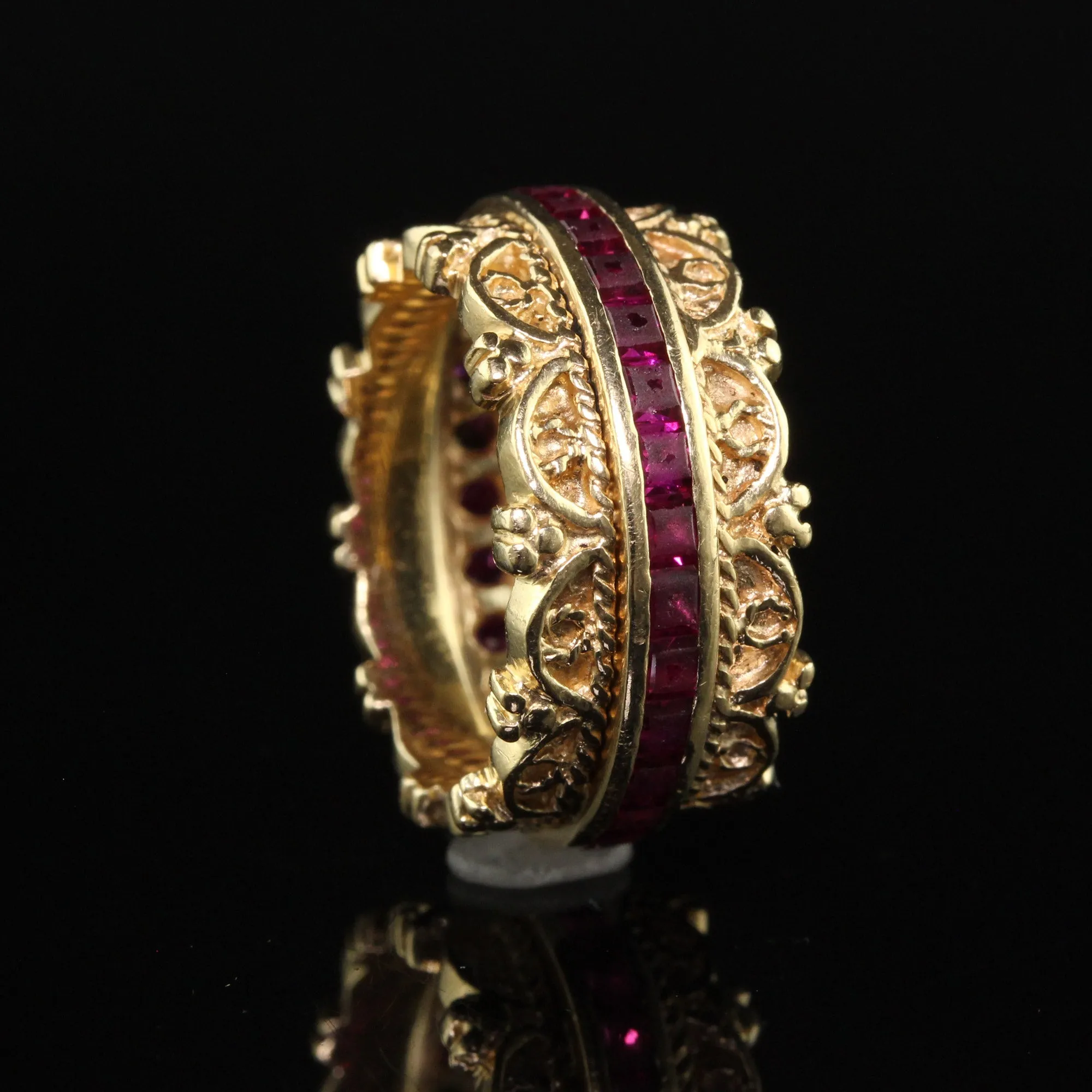 Vintage Estate 14K Yellow Gold Square Cut Ruby Wide Eternity Band - Size 6 1/4
