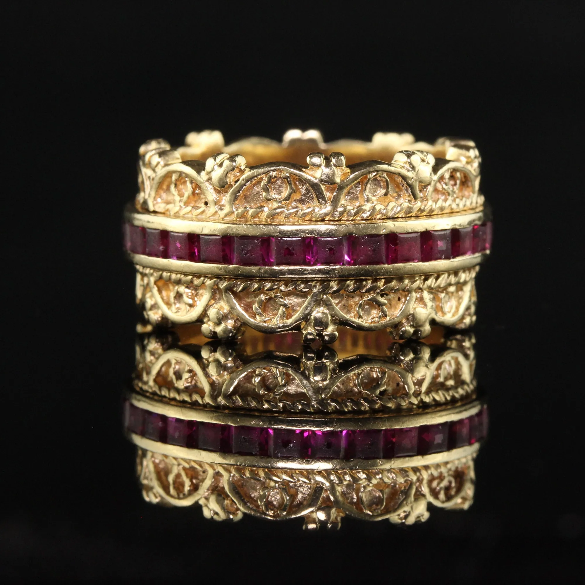 Vintage Estate 14K Yellow Gold Square Cut Ruby Wide Eternity Band - Size 6 1/4