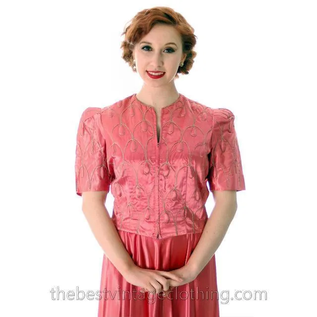 Vintage Evening Gown Pink Satin Metallic Soutcahe  Jacket 1940s 36-29-48 M