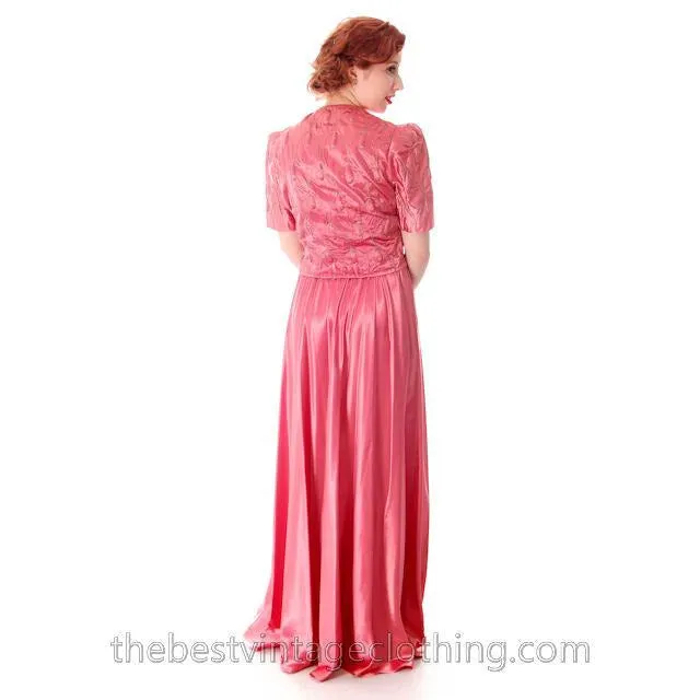 Vintage Evening Gown Pink Satin Metallic Soutcahe  Jacket 1940s 36-29-48 M