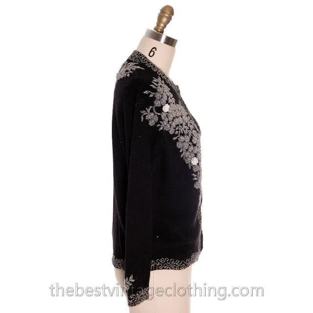 Vintage Womens Beaded Sweater 1950s | Black Cashmere | Heavy Floral Beading| Large