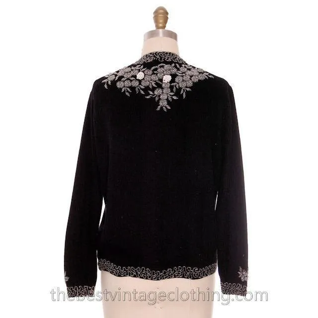 Vintage Womens Beaded Sweater 1950s | Black Cashmere | Heavy Floral Beading| Large