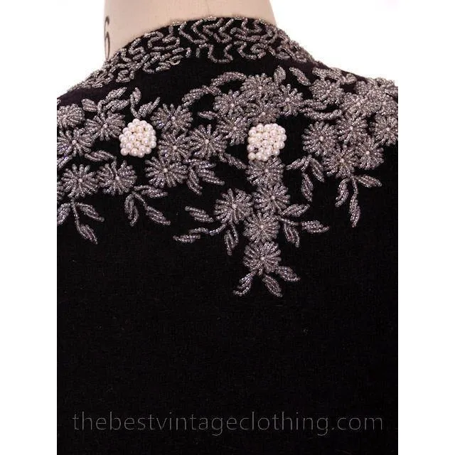 Vintage Womens Beaded Sweater 1950s | Black Cashmere | Heavy Floral Beading| Large