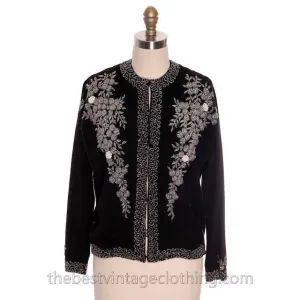 Vintage Womens Beaded Sweater 1950s | Black Cashmere | Heavy Floral Beading| Large