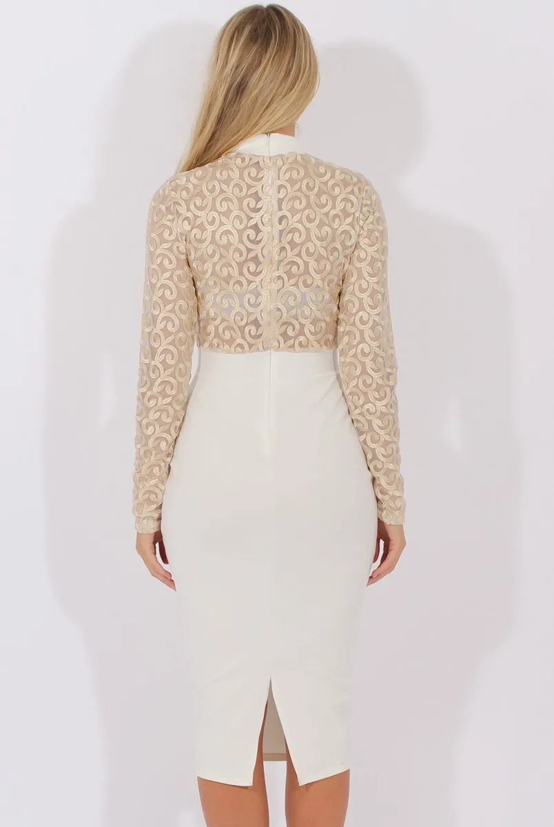 White & Gold Mesh Top Embroidered Midi Dress - Louiza