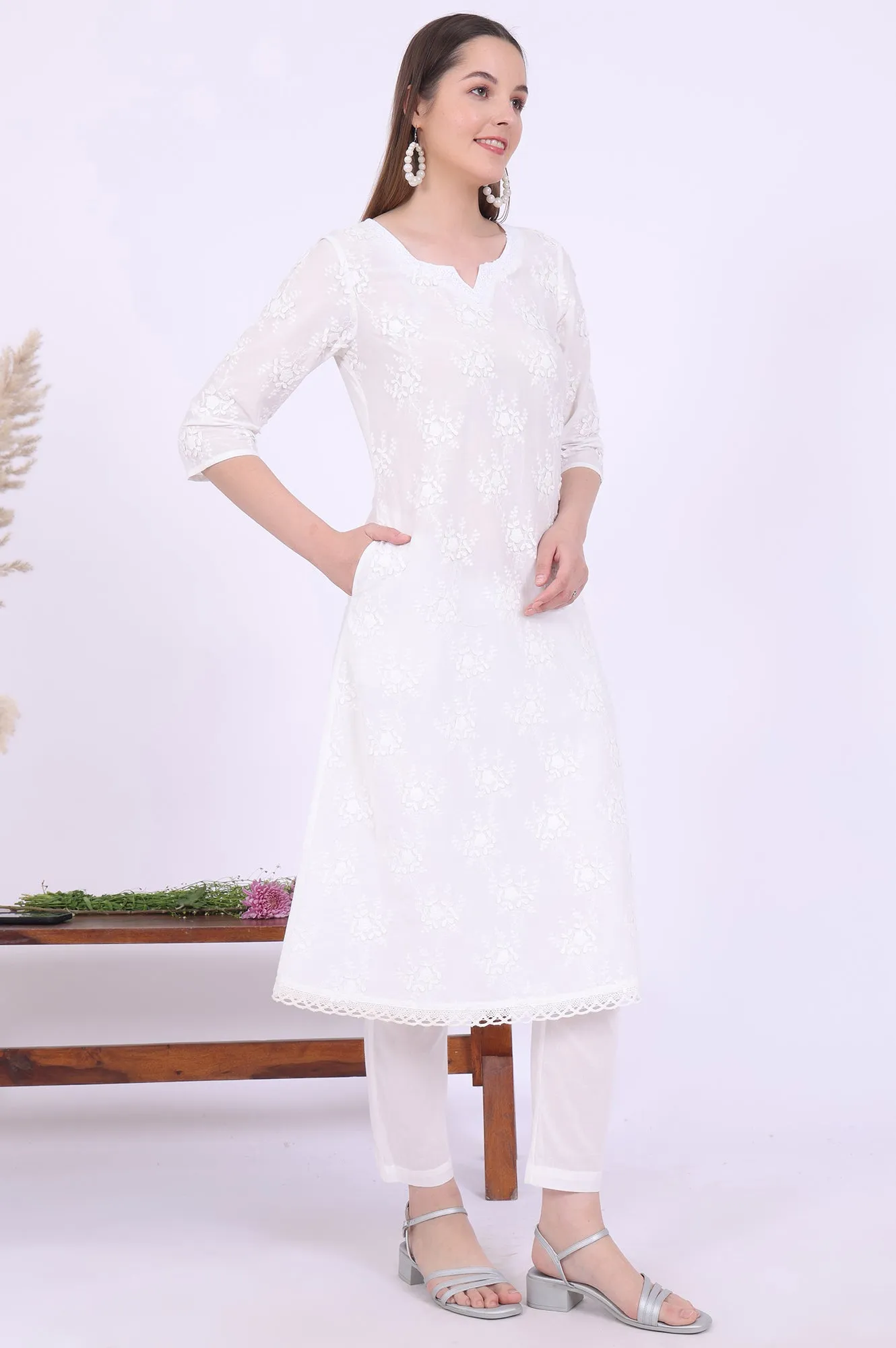 White Embroidered Pure Cotton A-Line Kurta with Trousers & Dupatta Set