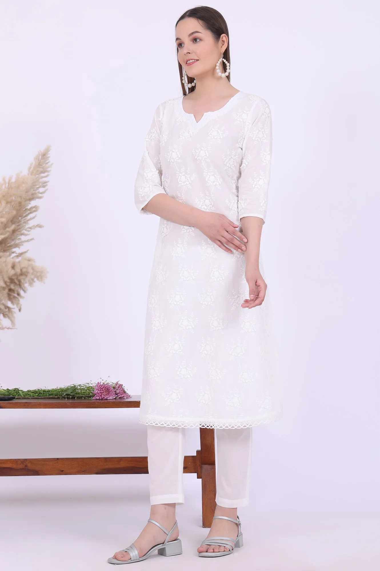 White Embroidered Pure Cotton A-Line Kurta with Trousers & Dupatta Set