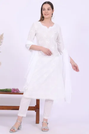 White Embroidered Pure Cotton A-Line Kurta with Trousers & Dupatta Set