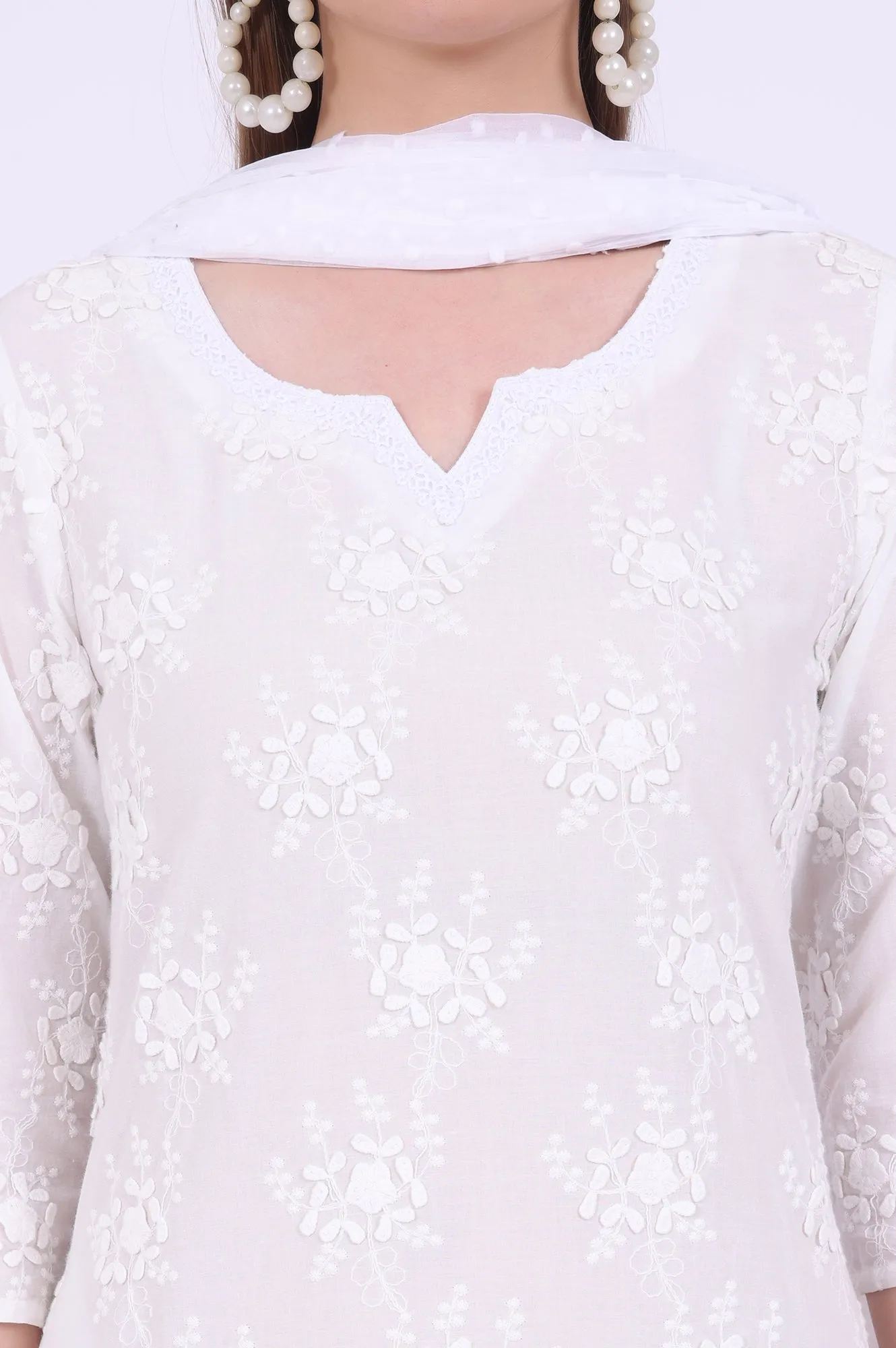 White Embroidered Pure Cotton A-Line Kurta with Trousers & Dupatta Set