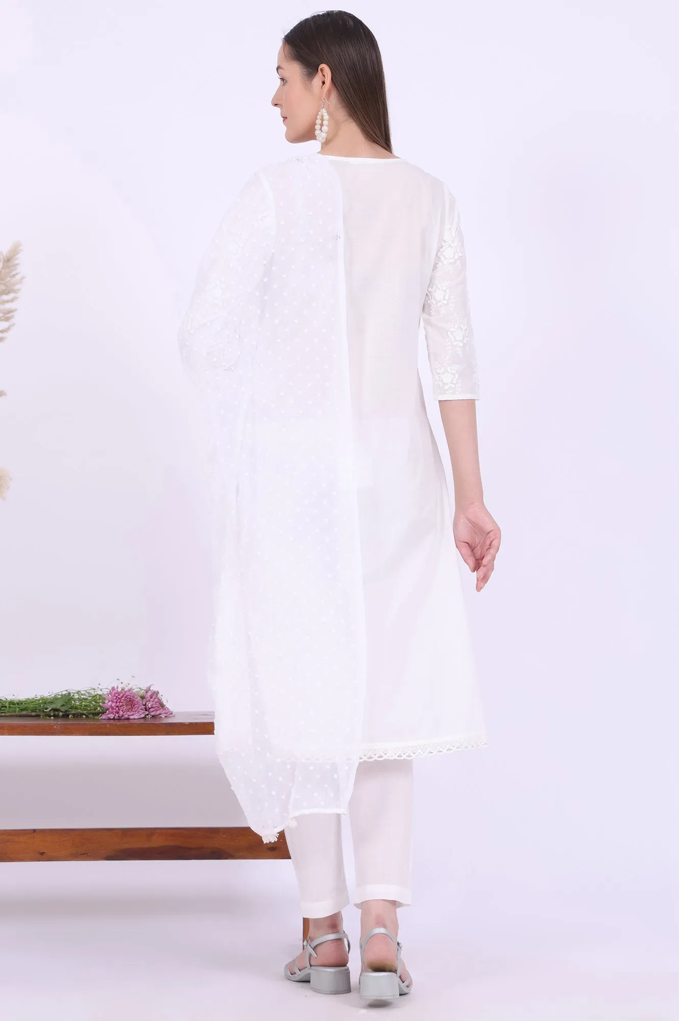 White Embroidered Pure Cotton A-Line Kurta with Trousers & Dupatta Set