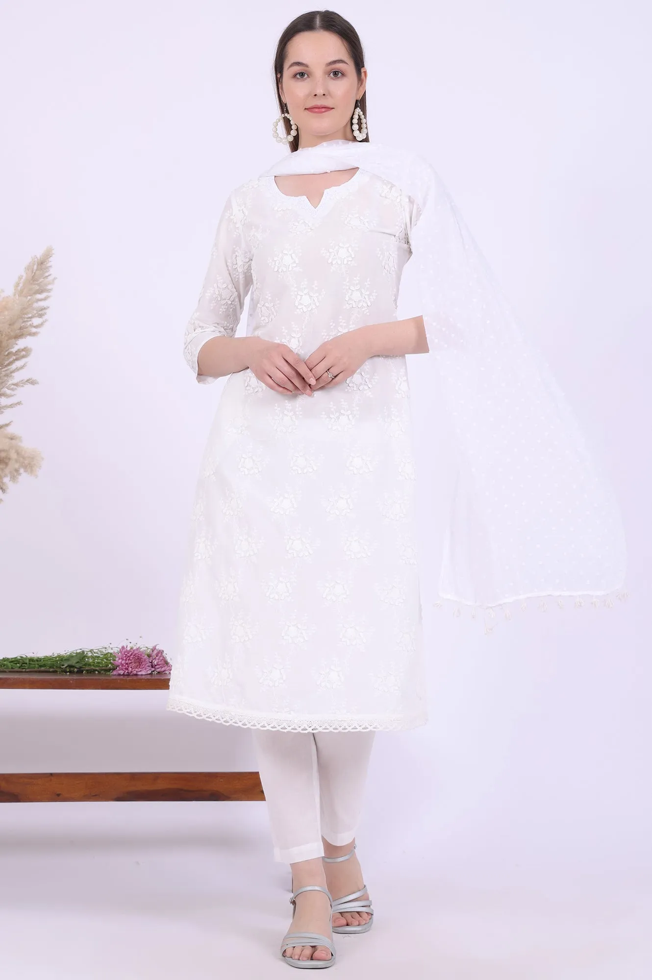 White Embroidered Pure Cotton A-Line Kurta with Trousers & Dupatta Set