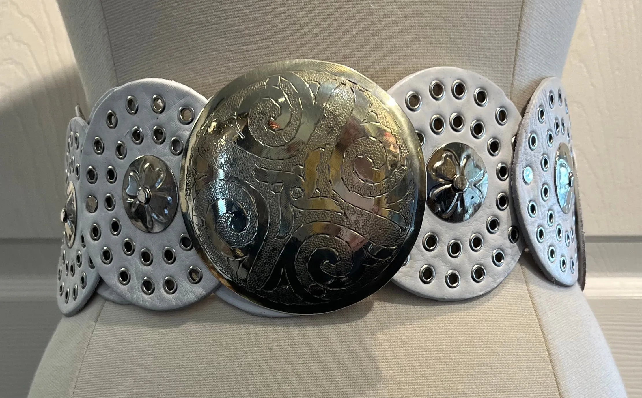White Leather Moroccan Medallion Belt w/ Silver Accents