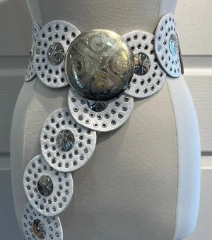 White Leather Moroccan Medallion Belt w/ Silver Accents