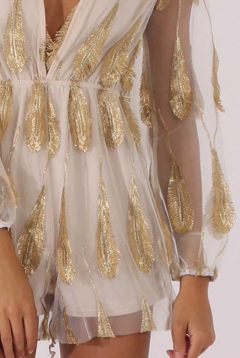 White Mesh Layer Feather Playsuit - Miranda