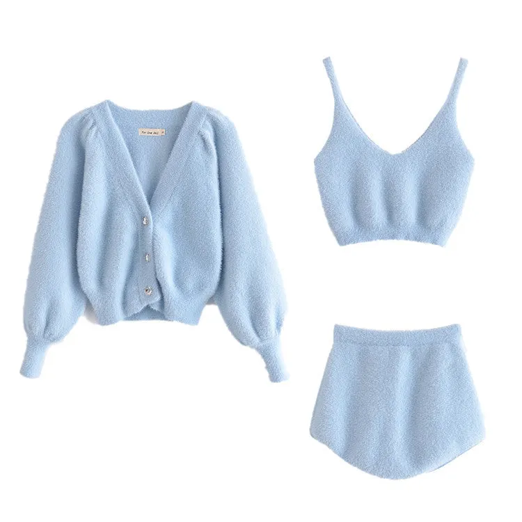 White Mohair V-neck Single-breasted Knitting Coat Jacket Halter Short Vest Shorts Hot Pants Three-piece Set
