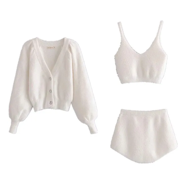 White Mohair V-neck Single-breasted Knitting Coat Jacket Halter Short Vest Shorts Hot Pants Three-piece Set