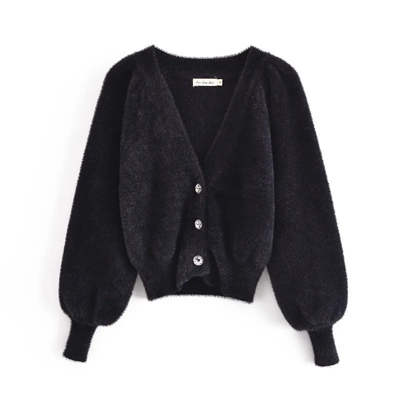 White Mohair V-neck Single-breasted Knitting Coat Jacket Halter Short Vest Shorts Hot Pants Three-piece Set