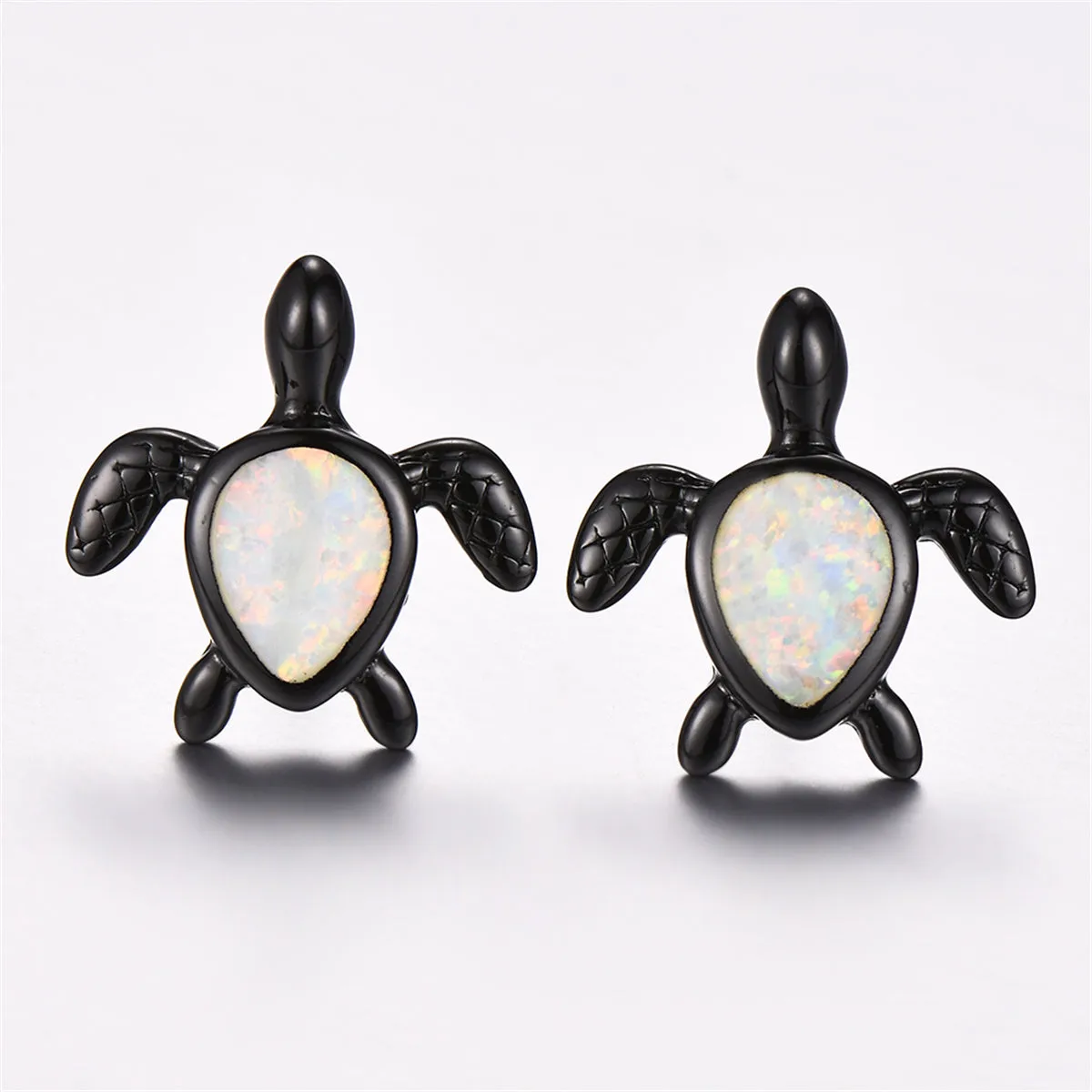 White Opal & Black Turtle Stud Earrings