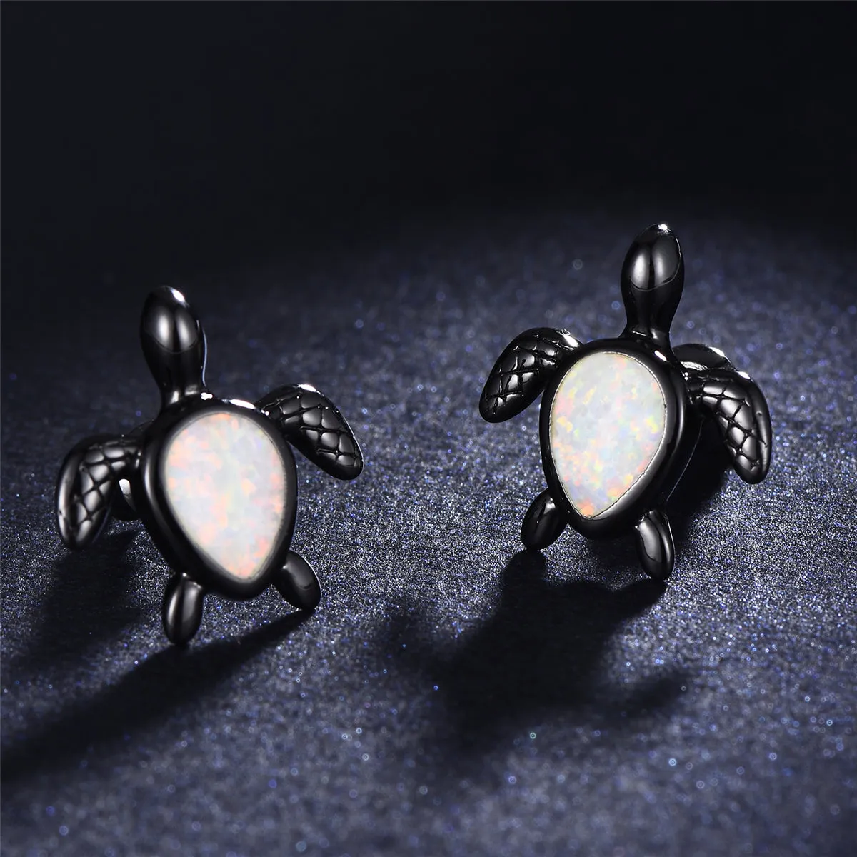 White Opal & Black Turtle Stud Earrings