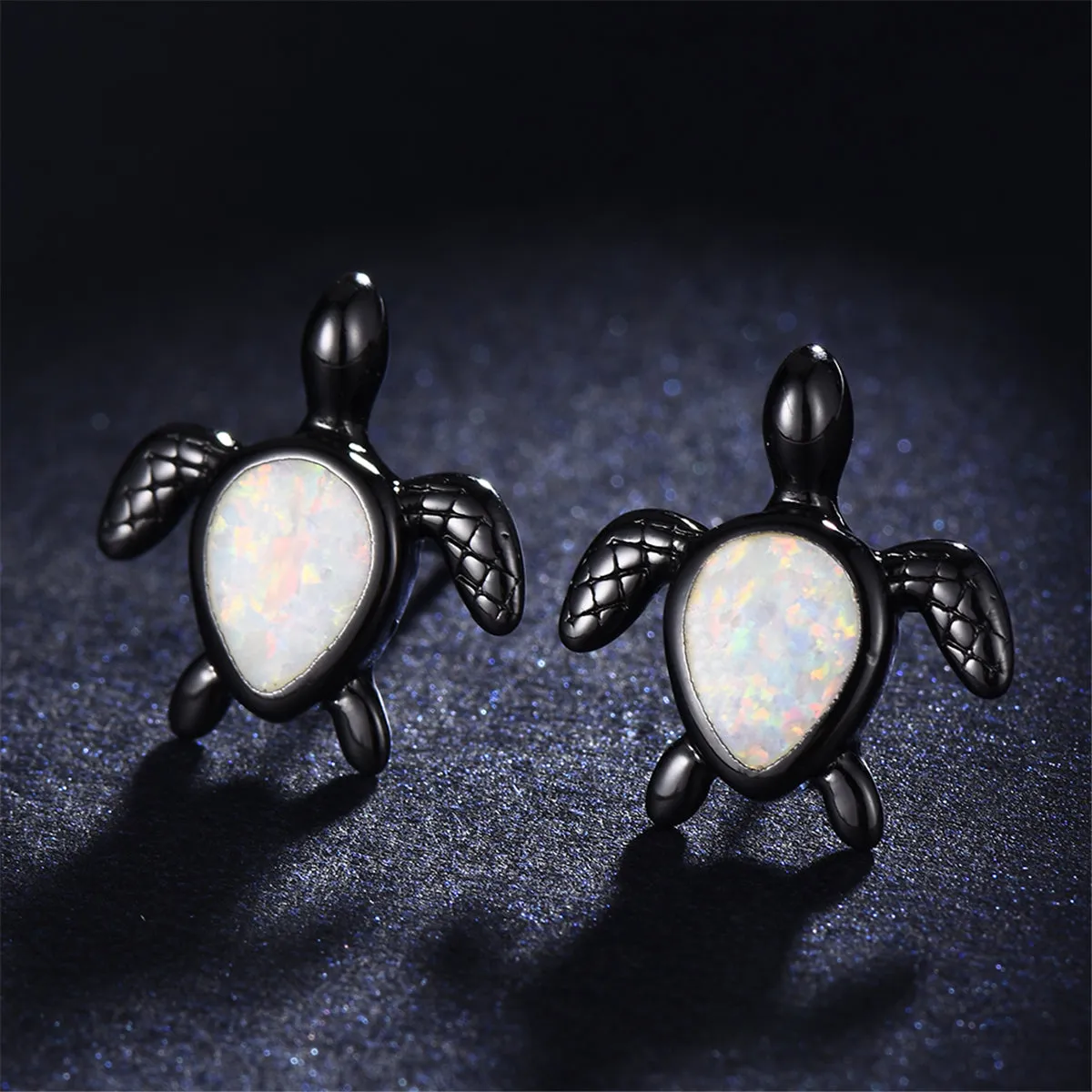 White Opal & Black Turtle Stud Earrings