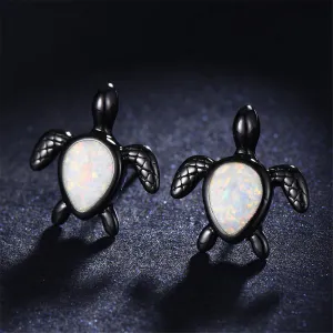 White Opal & Black Turtle Stud Earrings