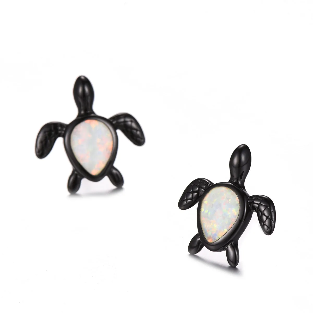 White Opal & Black Turtle Stud Earrings