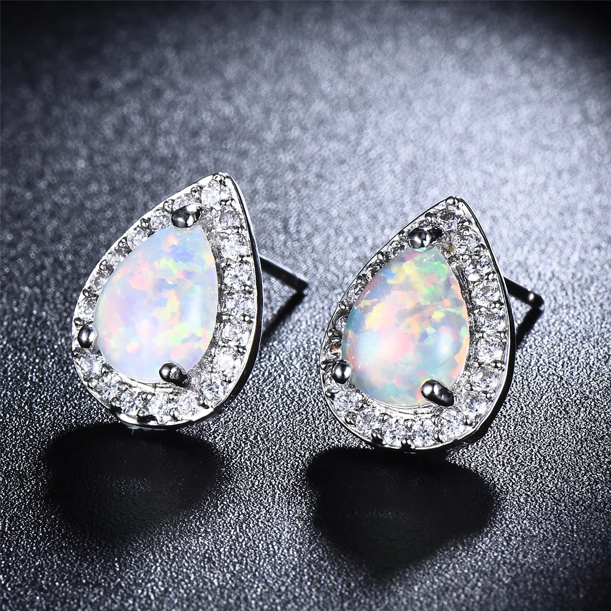 White Opal & Cubic Zirconia Teardrop Cushion Stud Earrings